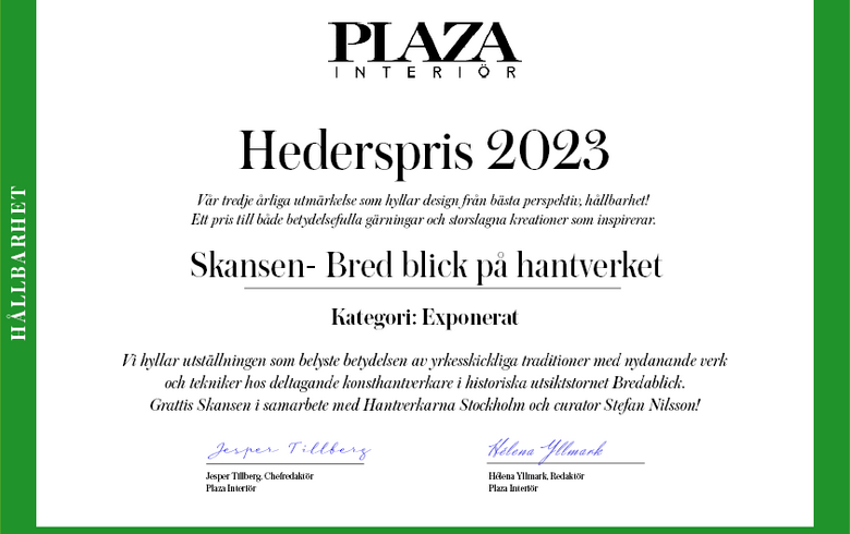 Hantverkarna Stockholm och Skansen tilldelas Hederspris 2023 av PLAZA Interiör